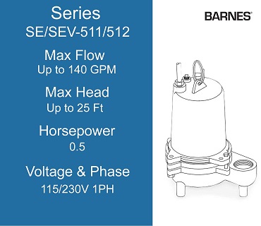 Barnes Sewage Pumps, SE/SEV-511/512 Series, 0.5 Horsepower, 115/230 Volts 1 Phase
